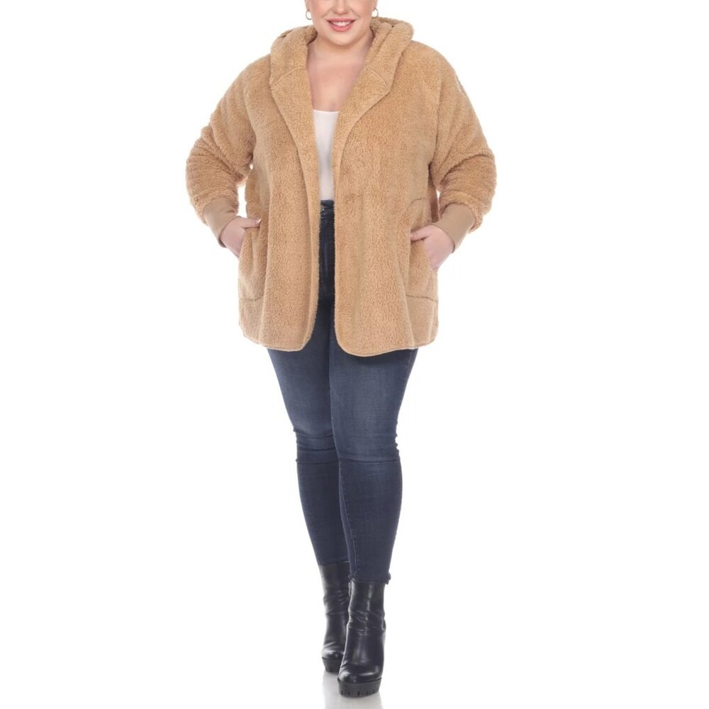 White Mark Women’s Plush Hooded Cardigan with Pockets Camel 1X/2X NWT